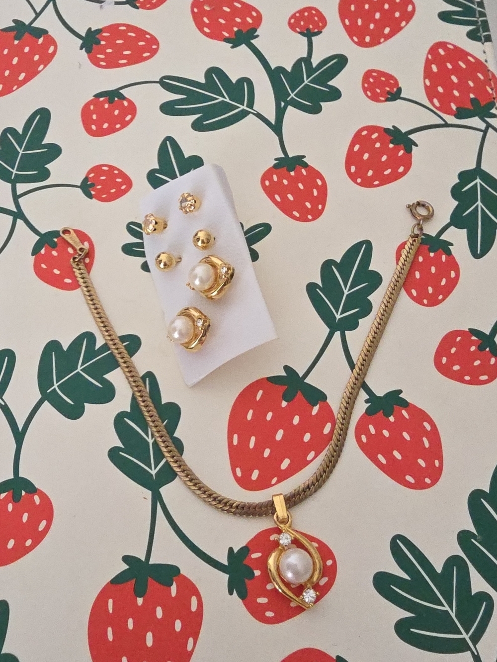 Gold Pearl Pendant Braclet with Matching Studs - Elegant Set